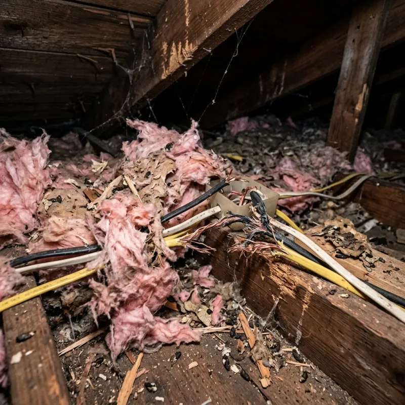 Contaminated ceiling insulation being assessed in a Smiths Gully roof space
