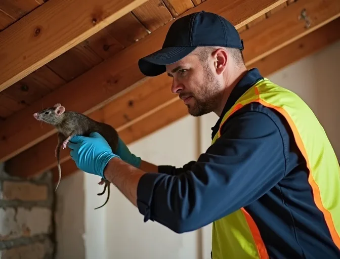 Technician inspecting a roof cavity for a dead rat in Smiths Gully